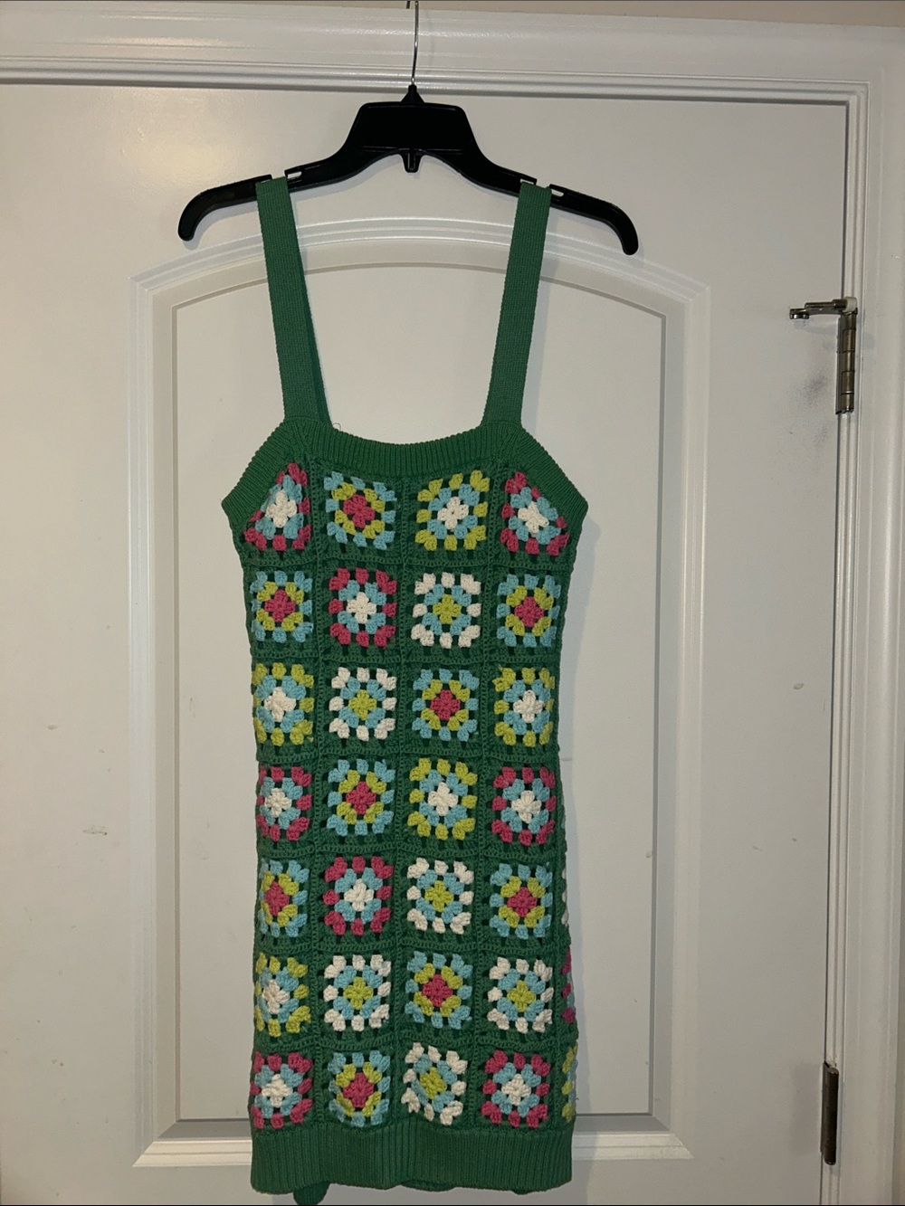 Design History Green Crochet Square-Panel Mini Dress with Multicolor Accents